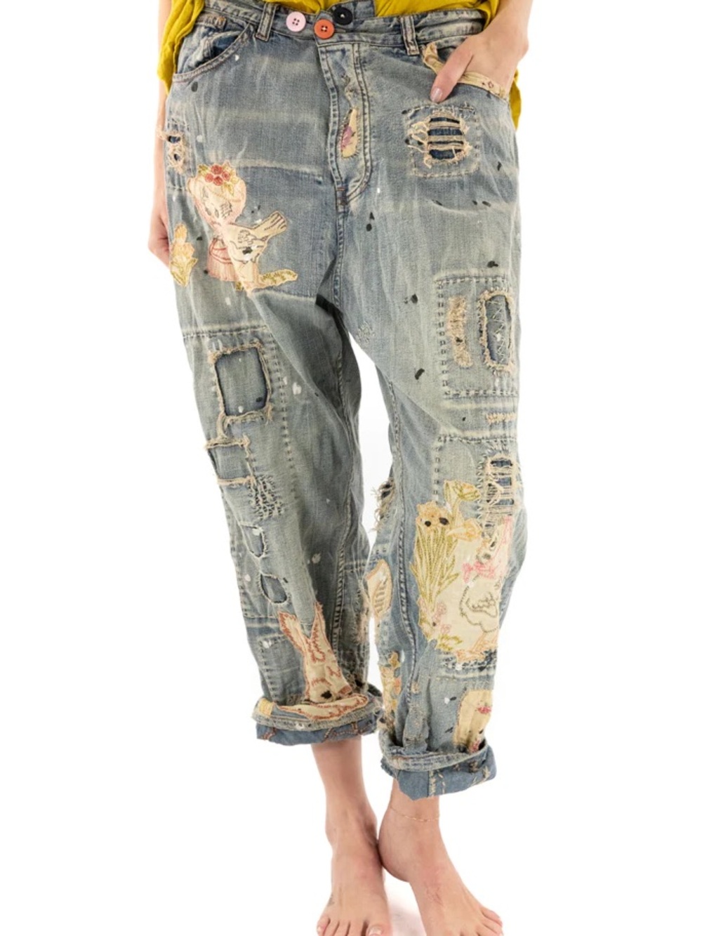 Magnolia Pearl Be A Poem Miners Denim Pants Distressed Applique OS 417